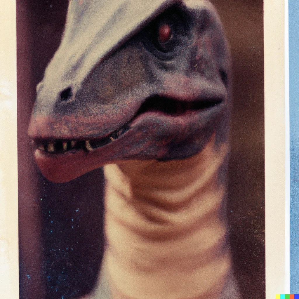 Prompt: Expired 1980s polaroid photograph portrait of a Velociraptor, Sigma 85mm f/1.4, bust shot
