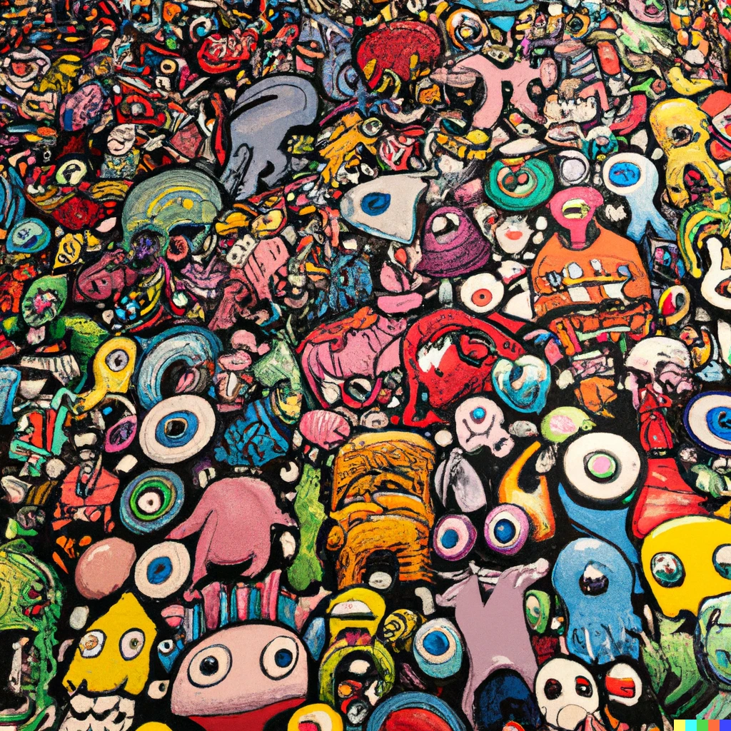 Prompt: An incredible pattern made out of colorful monsters, art by Takashi Murakami