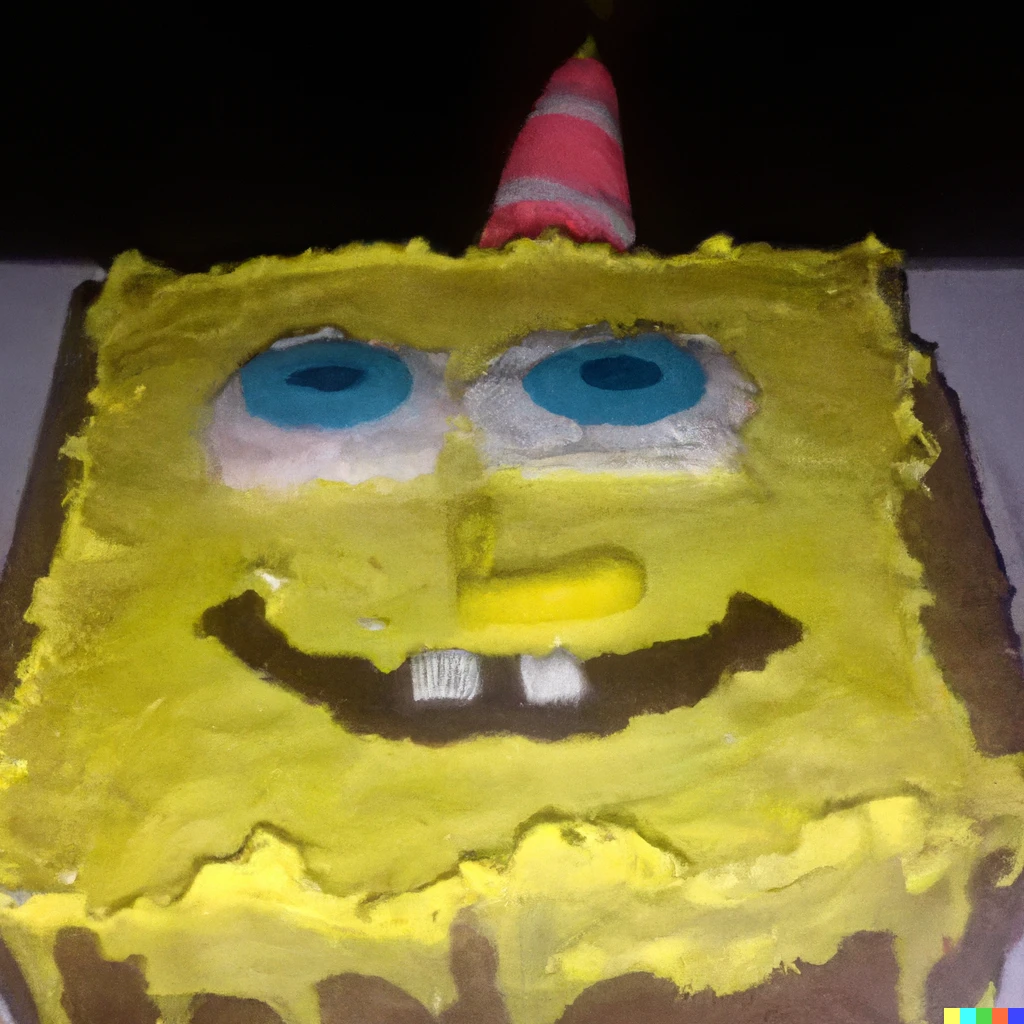 Prompt: DIY spongebob cake, terrible, amateur, low effort, slightly creepy, taken at night with bright camera flash, with a bad quality phone