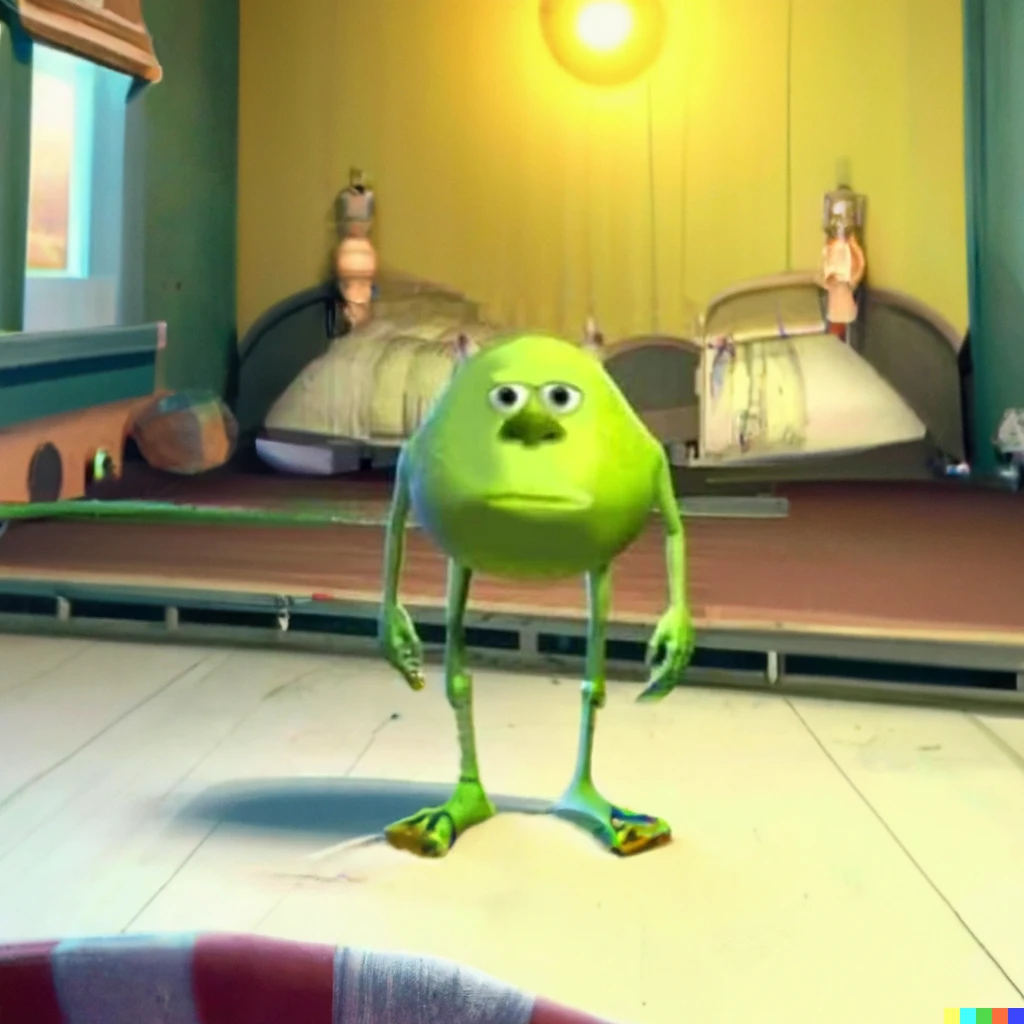 Prompt: Michael Wazowski with two eyes, standing disappointed in the middle of something really cool