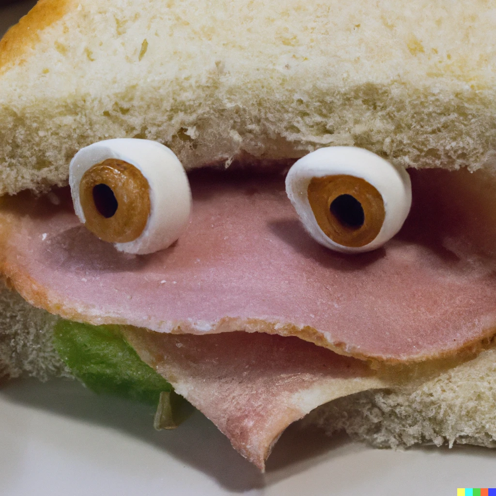 Prompt: Ham sandwich with eyes and a mouth