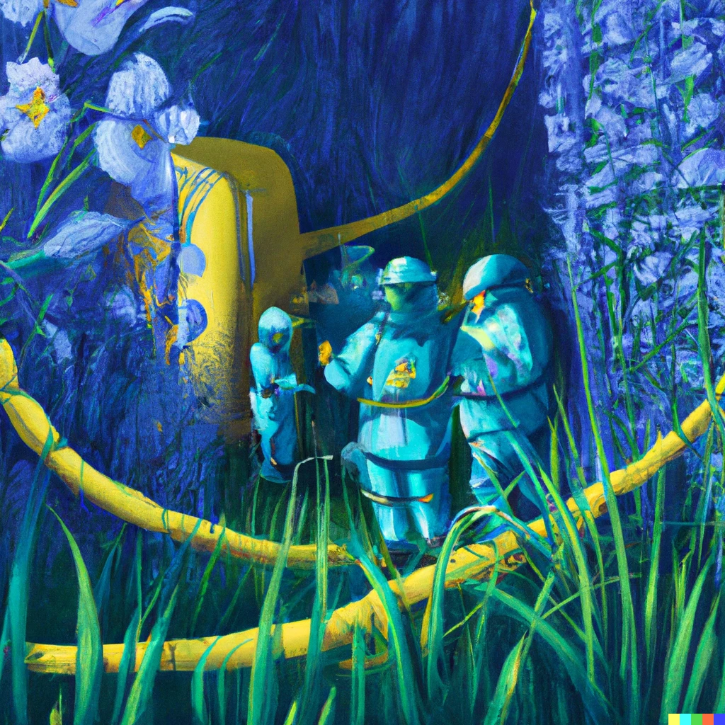 Prompt: A yellow hazmat team inside of a blue wonderland with blue blossoms and blue grass, award-winning digital art