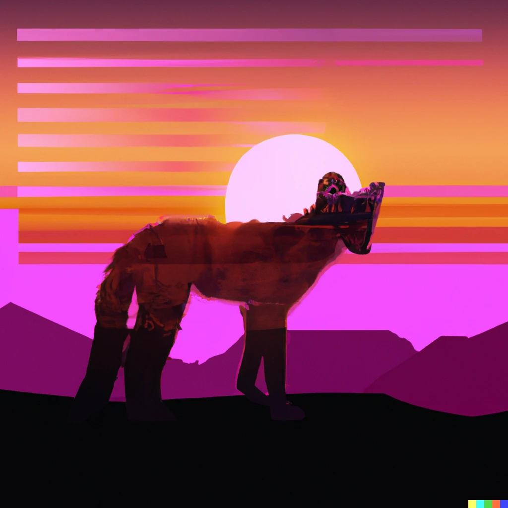 Prompt: Vaporwave glitchcore vibing Fossa infront an orange sun setting, with purple sky, digital art, award winning