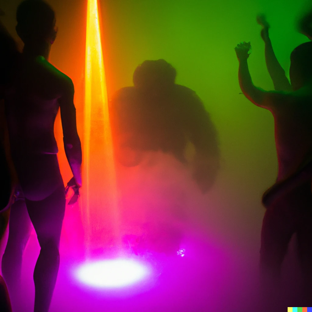 Prompt: Bigfoot dancing in a club. fog machine spotlights. crowd in the background LED photograph f/8