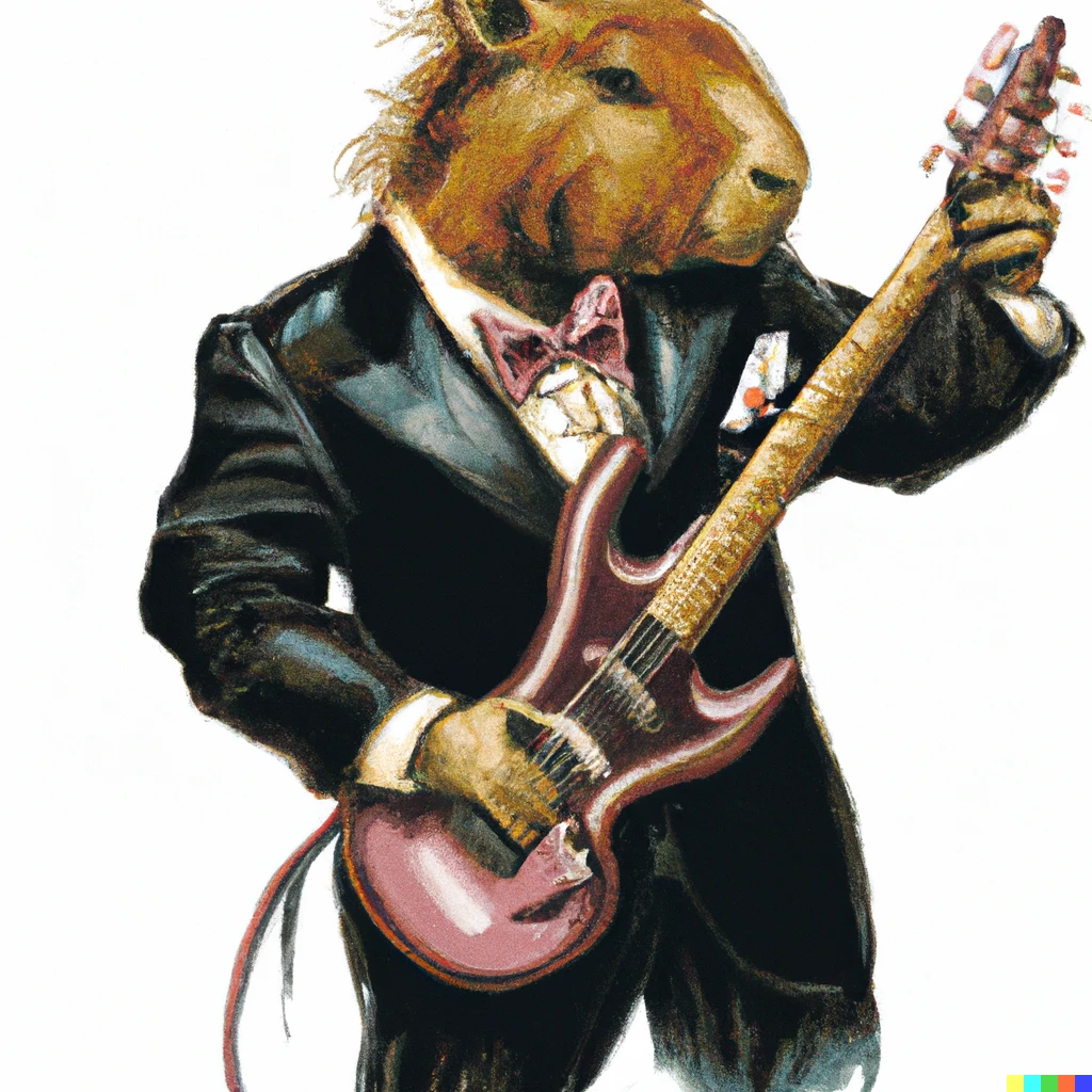 Prompt: A smartly dressed capybara playing electric guitar Photorealistic award-winning art