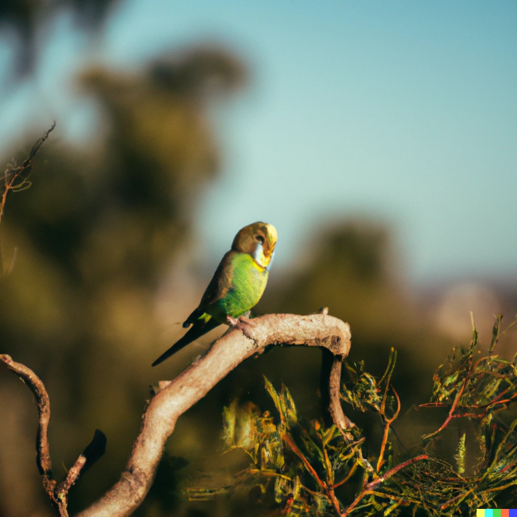 Prompt: A budgie, standing on a tree branch, with the Australian landscape in the background, cinematic photograph, Sony FE 85mm f/1.8
