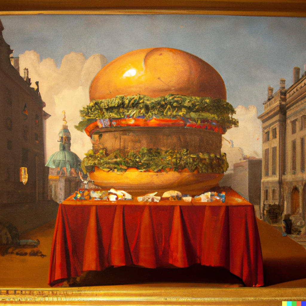 Prompt: 17th century painting of a giant hamburger on a table in London City, award-winning painting