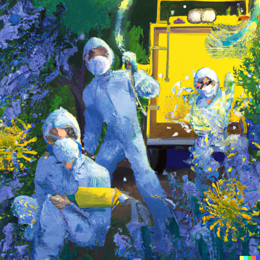 Prompt: A yellow hazmat team inside of a blue wonderland with blue blossoms and blue grass, award-winning digital art