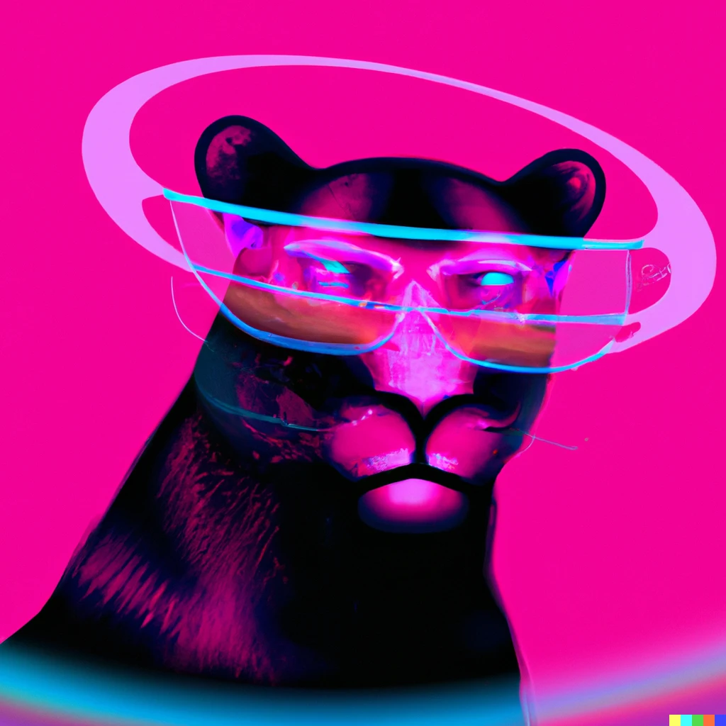 Prompt: pink panther wearing colorful circular glasses, relaxing glitchcore psychedelic art