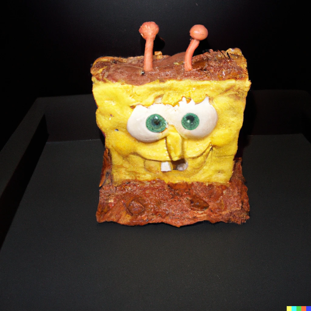 Prompt: SpongeBob made out of Chocolate, Amateur, terrible, oddly terrifying, photograph taken in a dark room with bright camera flash