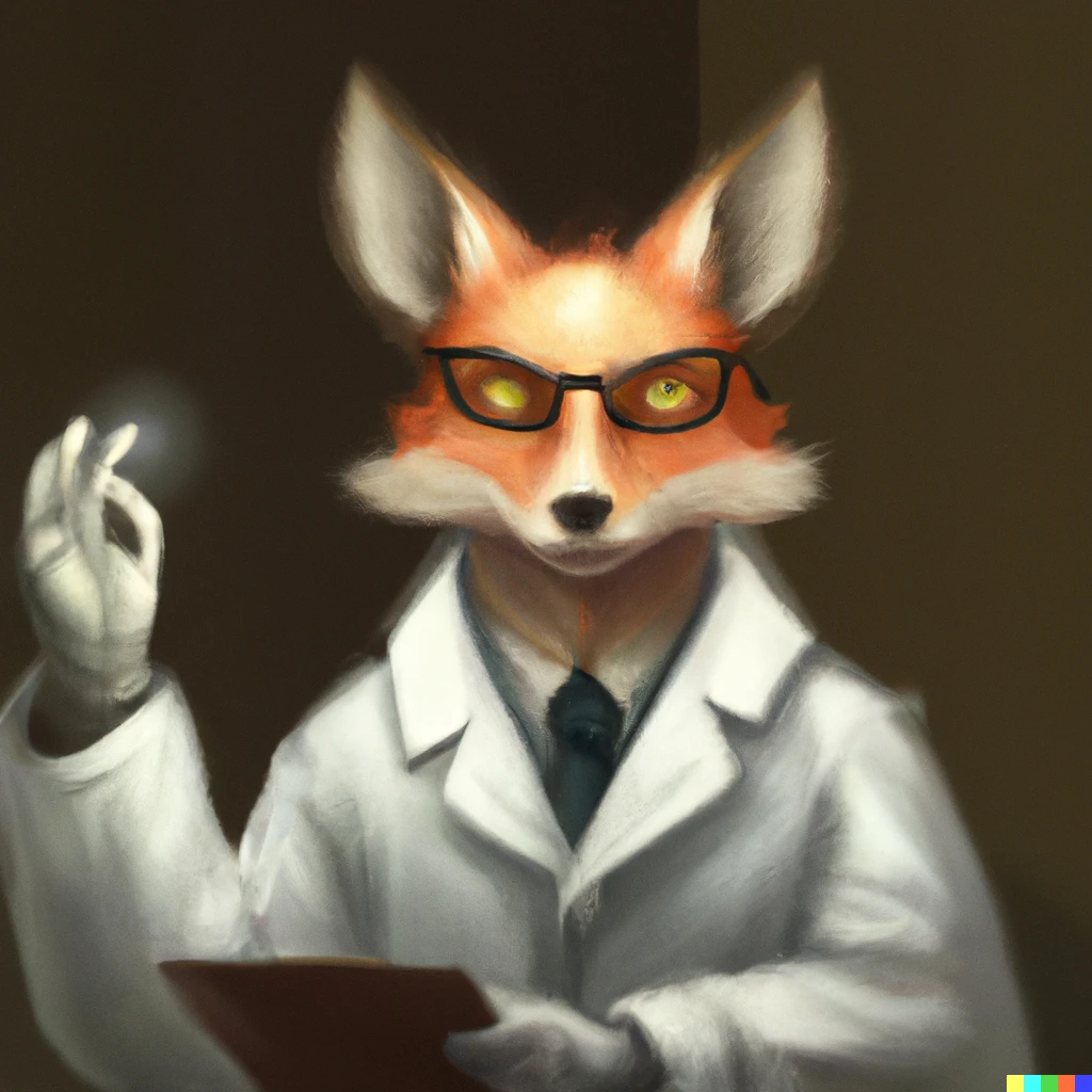 Prompt: Stern looking fox in a labcoat, casting magic spells, digital art.
