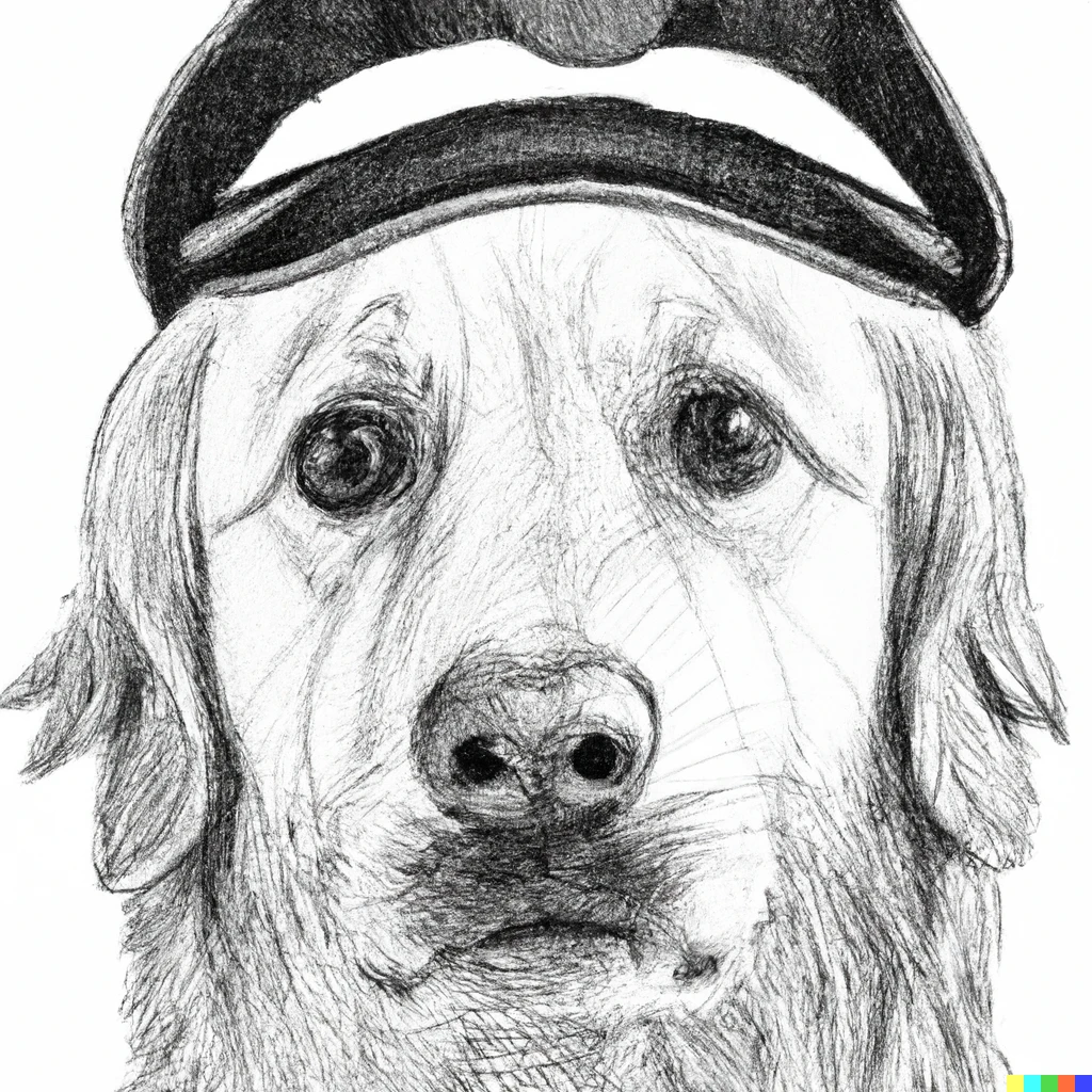 Prompt: A police pencil sketch of a guilty golden retriever dog wearing a black and white striped prisoner cap