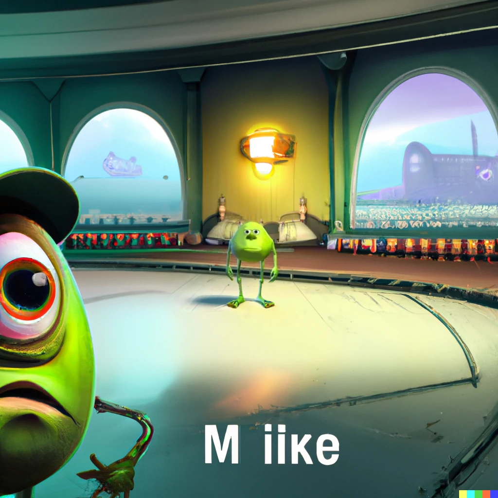 Prompt: Michael Wazowski with two eyes staring disappointed in the middle of something absolutely amazing