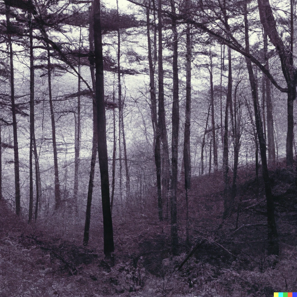 Prompt: A panoramic photograph of a foggy forest in upstate new york, Shot on Super-XX reversal panchromatic film, 1965, red tint