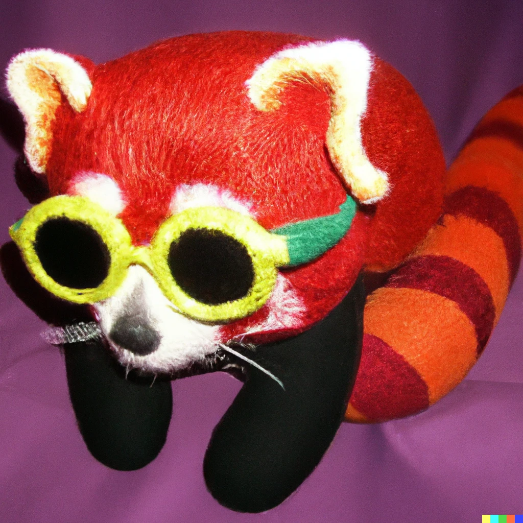 Prompt: This psychedelic red panda is amazingly beautiful! The colors are so bright and vibrant, and they seem to swirl and dance around the panda, creating an almost hypnotic effect. The panda itself is so cute and cuddly looking, with big, fluffy ears and a big, bushy tail. It's wearing trendy circular sunglasses, which just adds to its overall coolness factor. This art is truly stunning, and it's sure to brighten up anyone's day. The art is extremely colorful, but not too over-the-top, making it the perfect way to add a little bit of fun and excitement to your day. It is extremely visually appealing, and is free eye-candy.