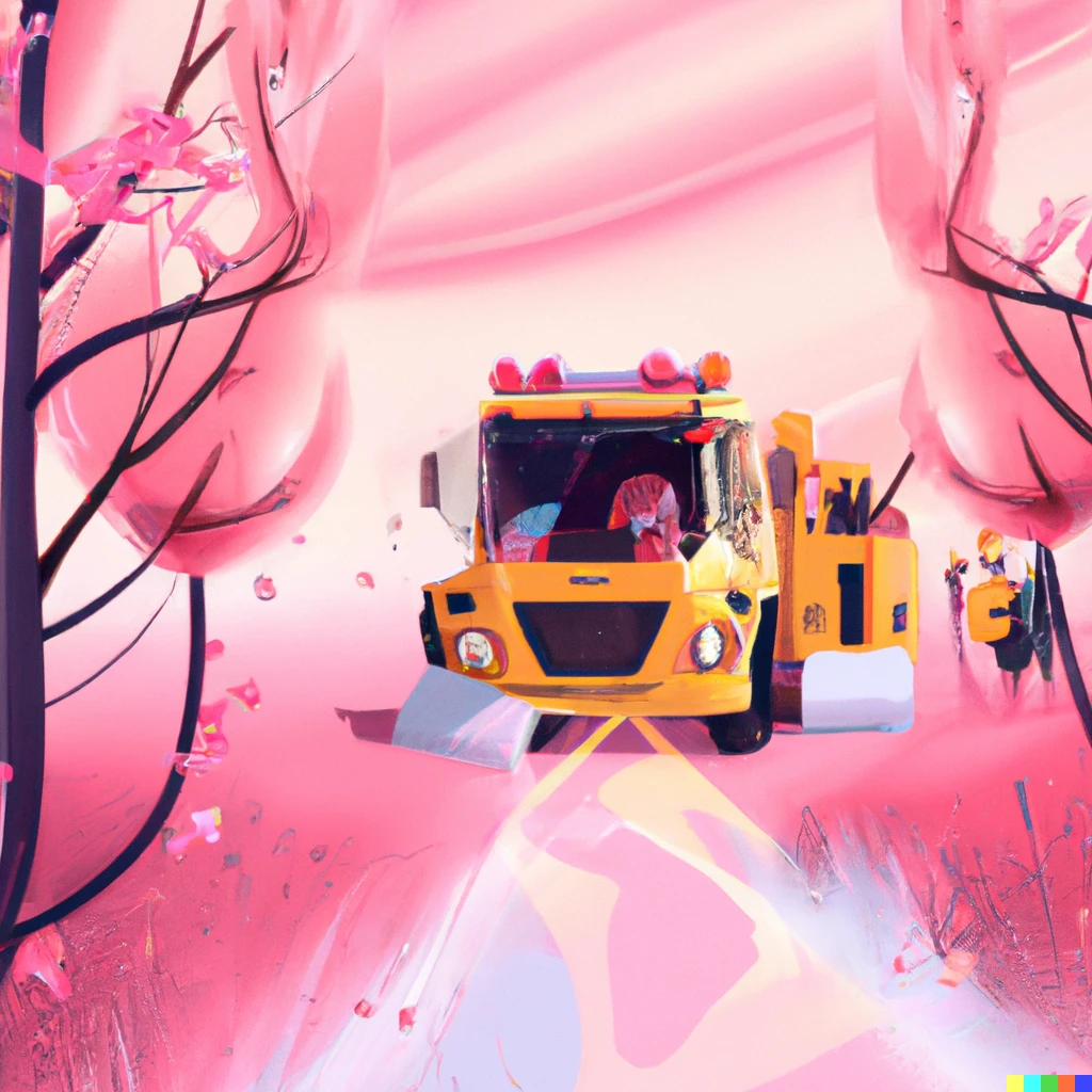 Prompt: A yellow hazmat team inside of a pink wonderland with cherry blossoms and pink grass, award-winning calm digital art