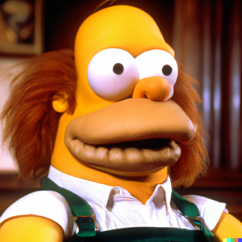 Prompt: Homer Simson, a still from The Muppets (1986)