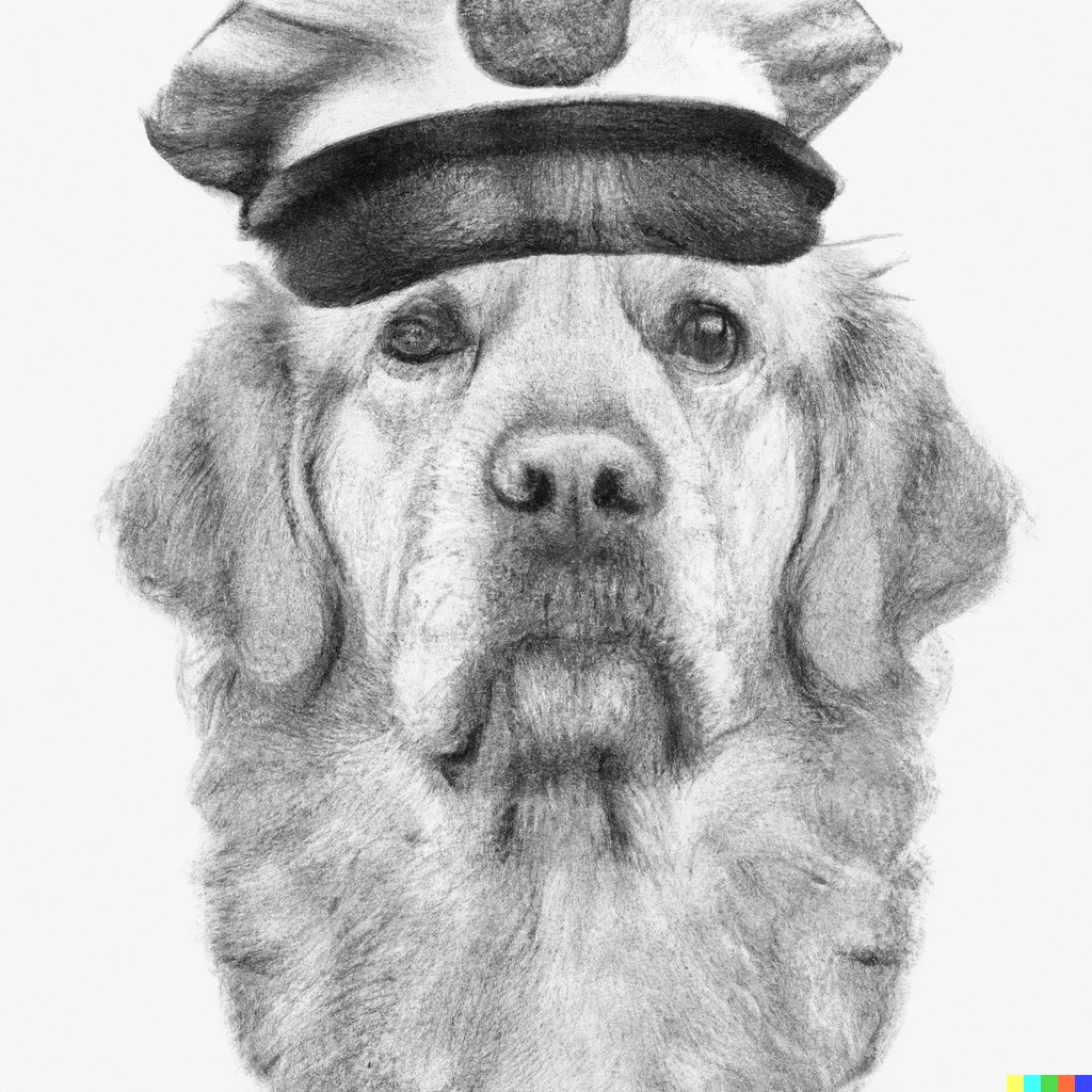Prompt: A police pencil sketch of a guilty golden retriever dog wearing a black and white striped prisoner cap