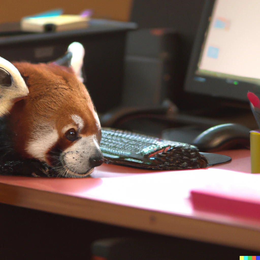 Prompt: A photograph of a bored red panda filing taxes at an office desk in front of a 90s computer. Cinematic photograph, 85mm lens, professionally post-processed, 4K