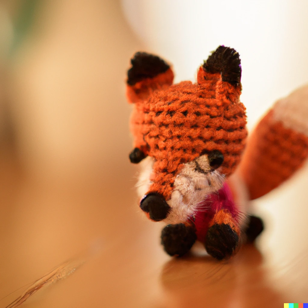 Prompt: A small fox made of yarn on a wood table, close-up 100mm shot, bokeh, 4K HD photograph