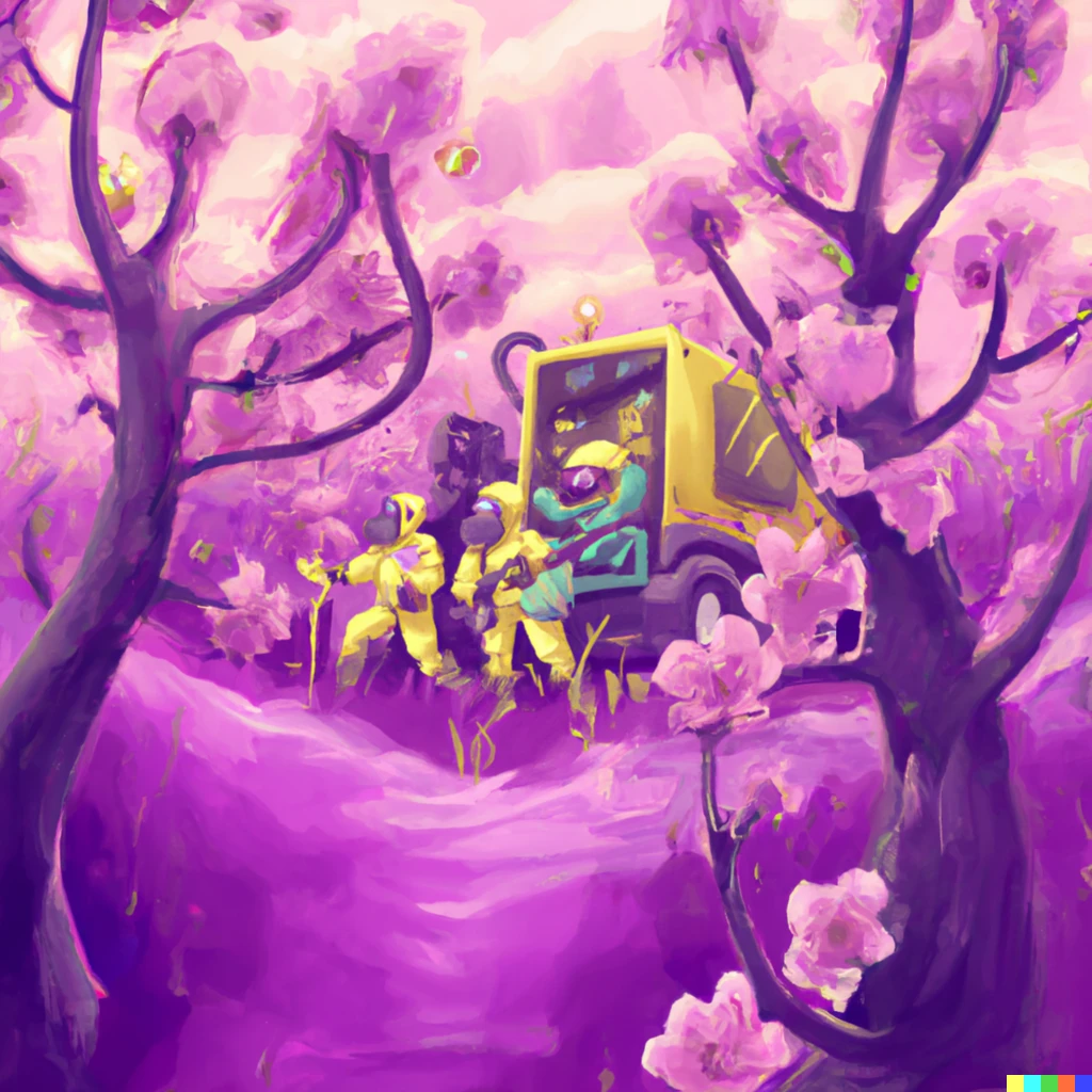 Prompt: A yellow hazmat team inside of a purple wonderland with cherry blossoms and purple grass, award-winning digital art