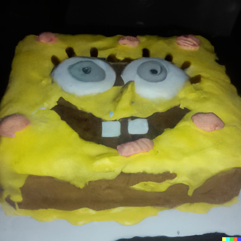 Prompt: DIY spongebob cake, terrible, amateur, low effort, slightly creepy, taken at night with bright camera flash, with a bad quality phone