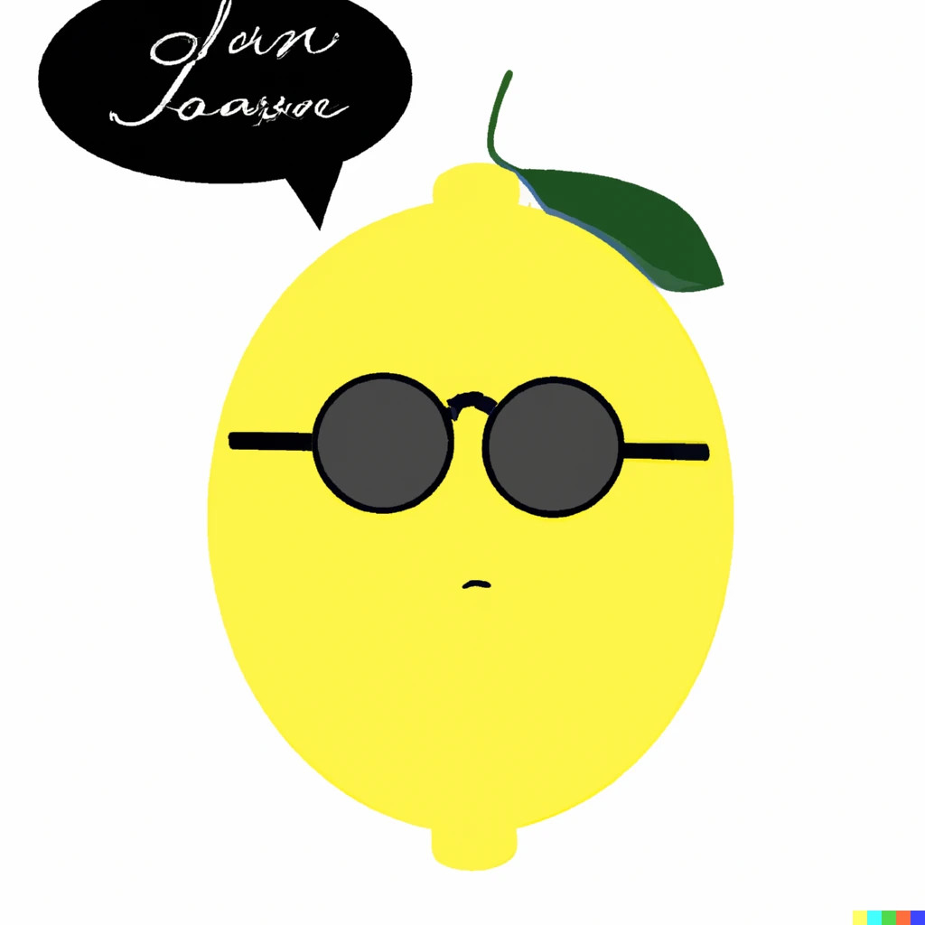 Prompt: A lemon with round black glasses, with a speech bubble that says "JOHN LEMON"
