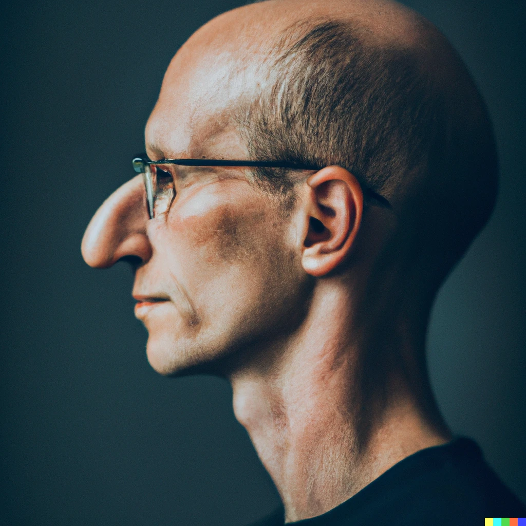 Prompt: A side-portrait photograph of a proud bald man wearing circular glasses, with a very very very very long nose, extremely long nose, mega-nose, XXL nose, guiness world record longest nose. 85mm f/1.2 studio lighting side-portrait