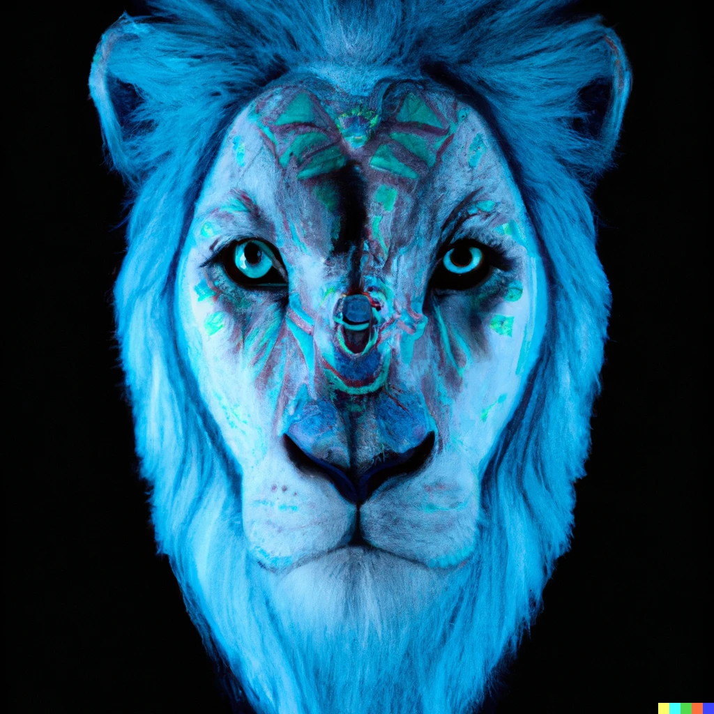 Prompt: lion wearing intricate light blue face paint, front facing, studio portrait, dark bg