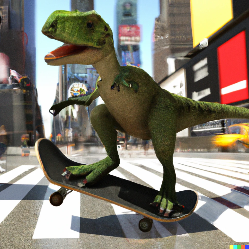 Prompt: 3d photo A dinosaur skateboarding in Times Square
