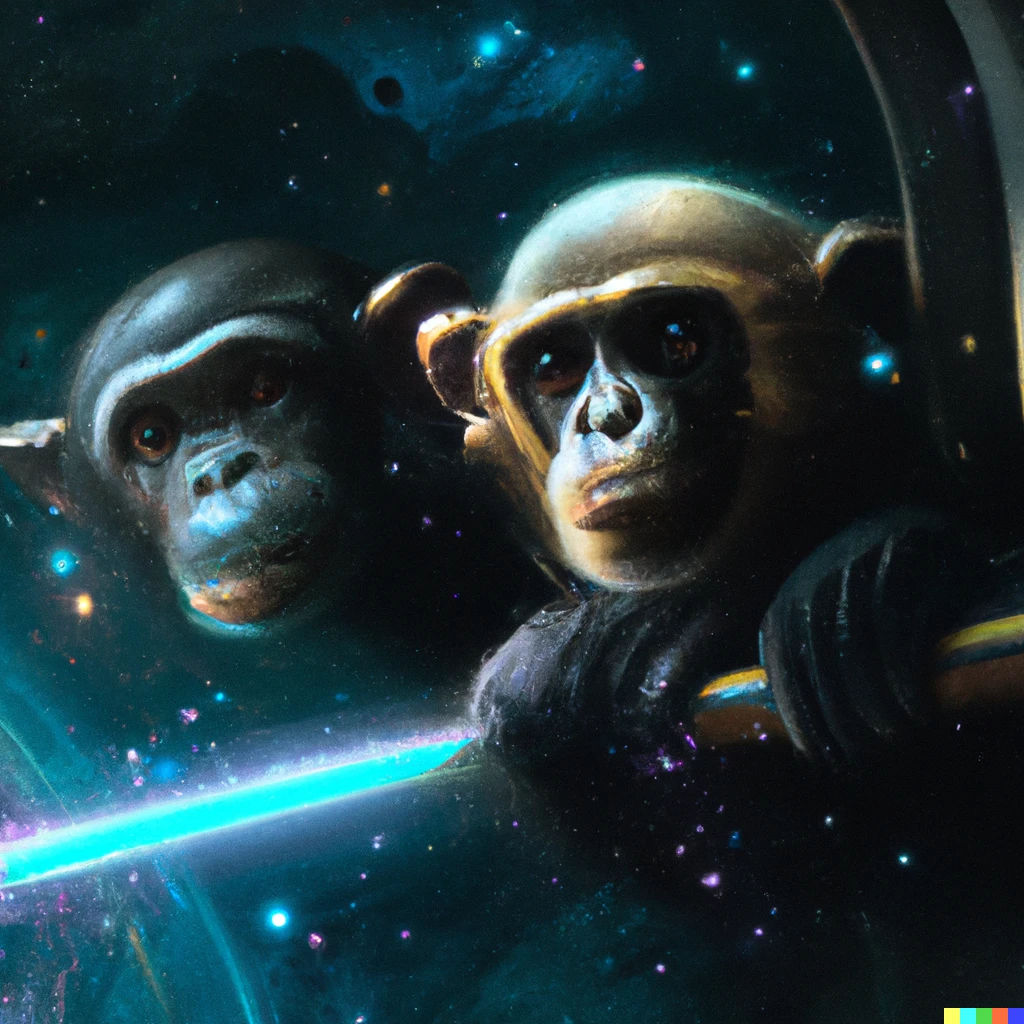 Prompt: two terrified chimpanzees staring out into space in space station, digital art 