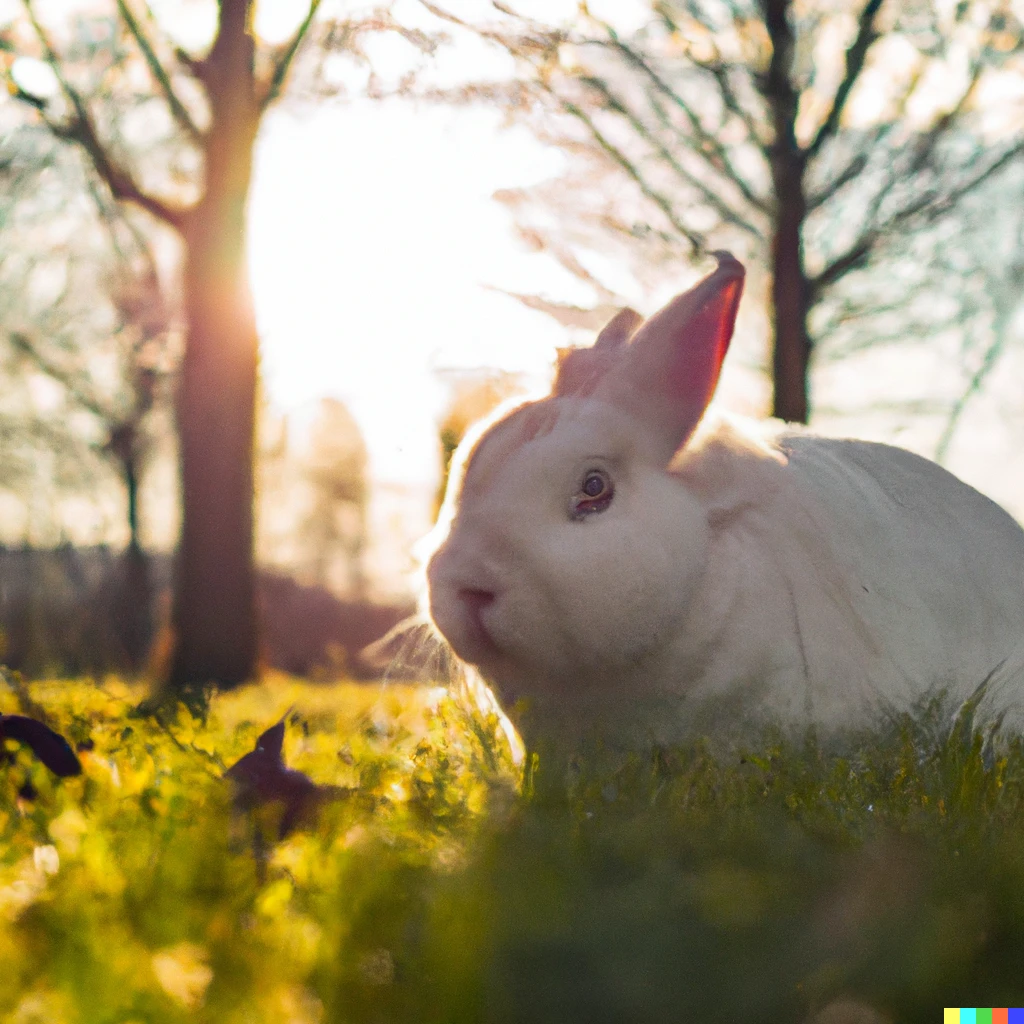 Prompt: A photo of a white fat rabbit on grass, with trees and the sun in the background