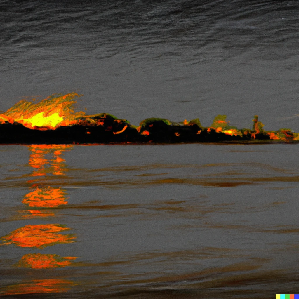 Prompt: A Van Gogh style painting of the Parana River on fire