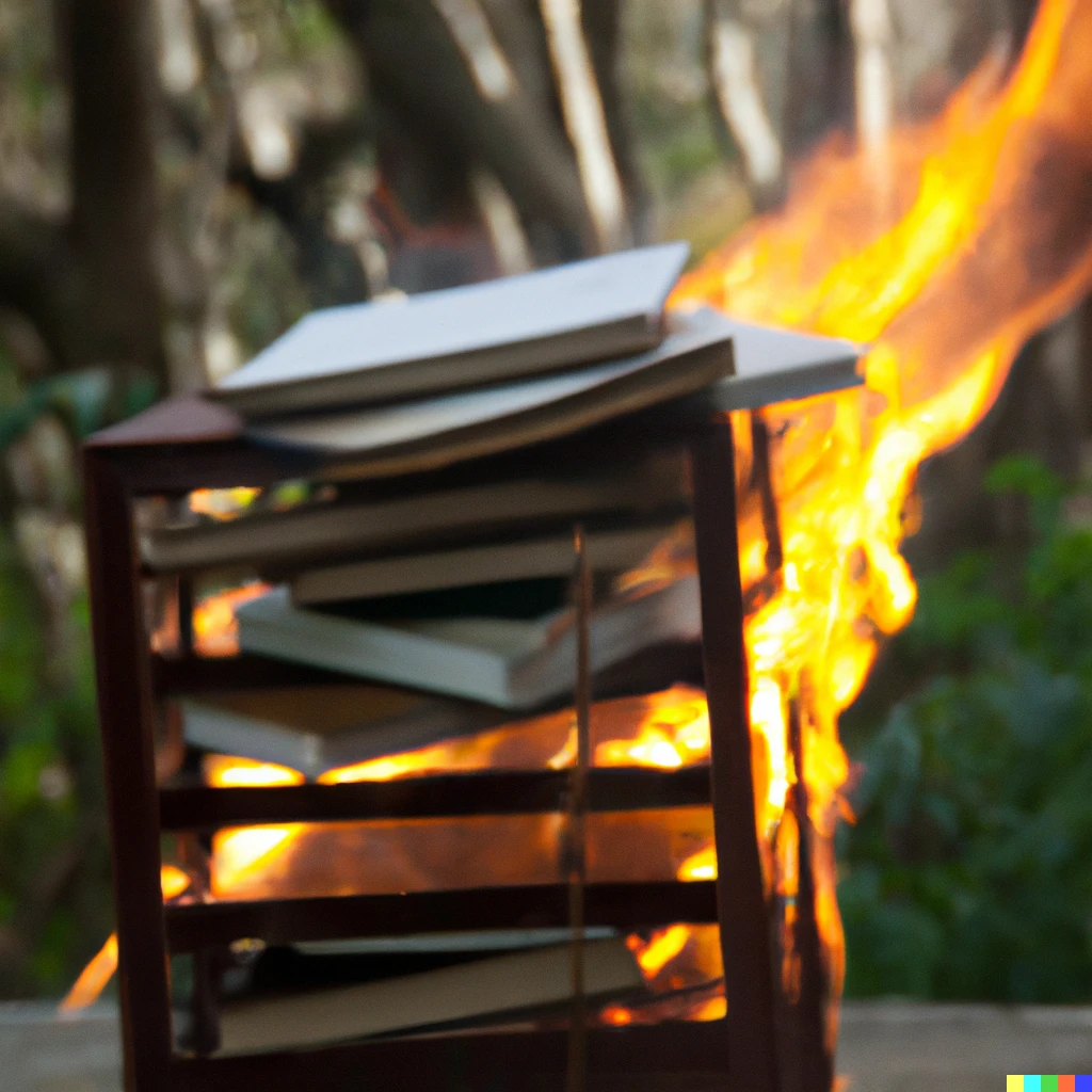 Prompt: A burning  small library  