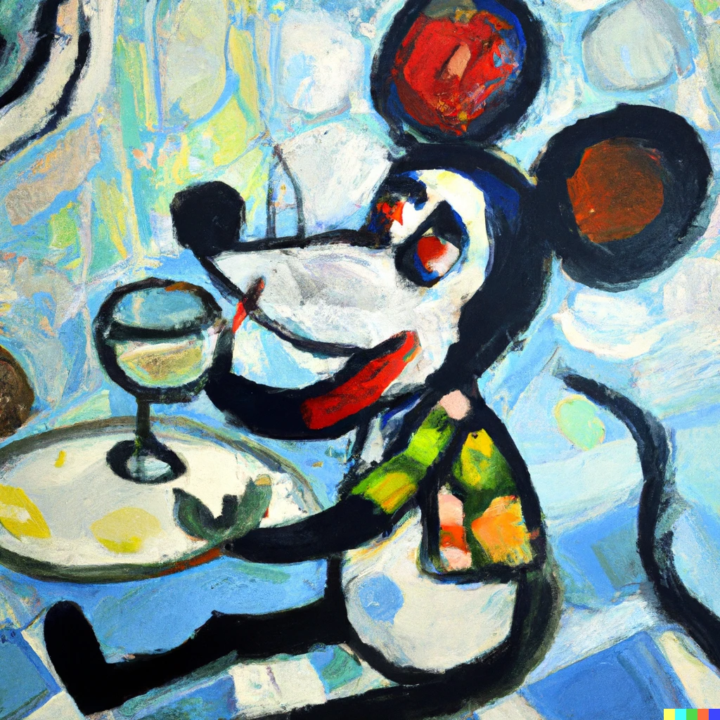 Prompt: A painting by Chagall of Mickey Mouse drinking wodka
