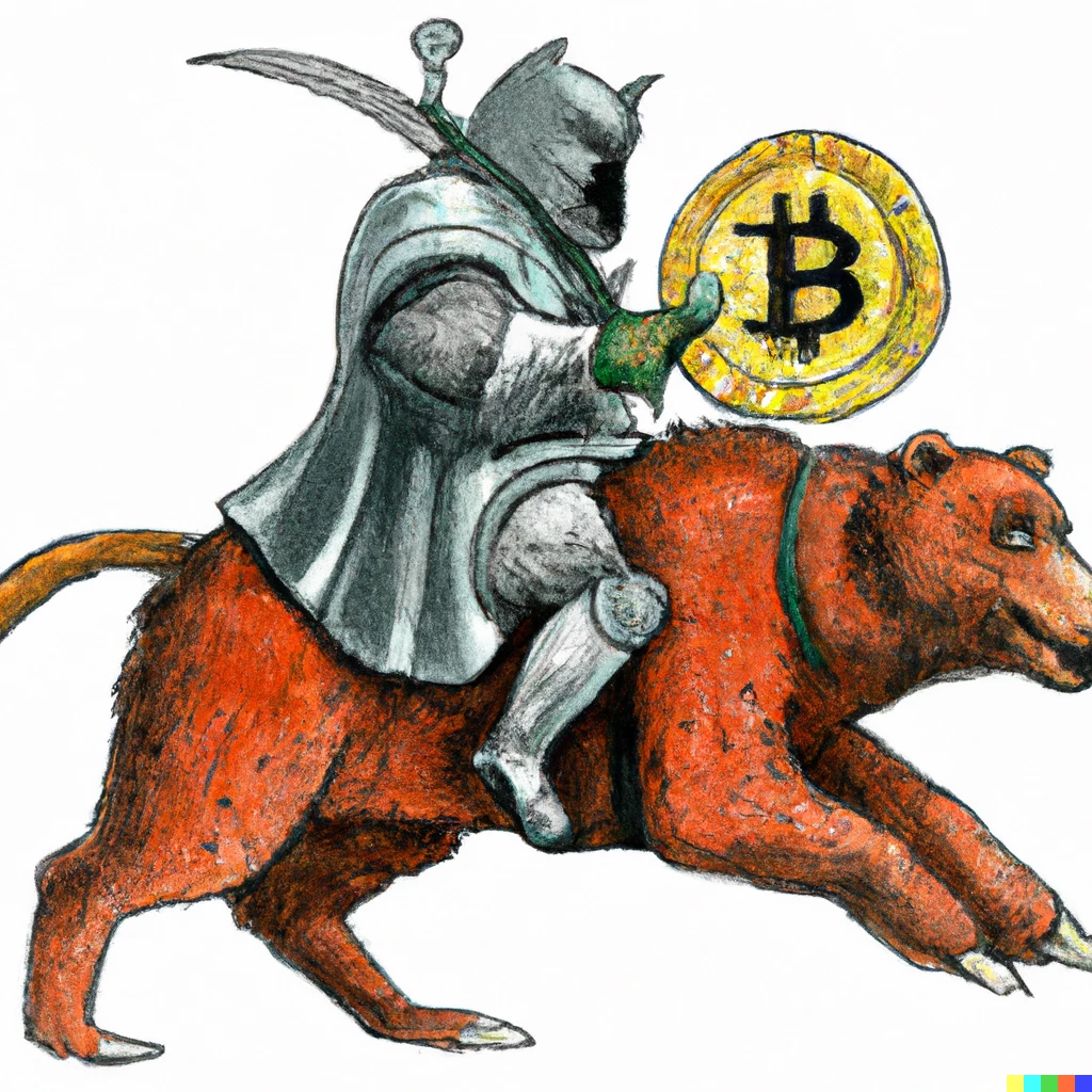 Prompt: Knight riding a bear killing bitcoin. Painted like in the middle ages. 