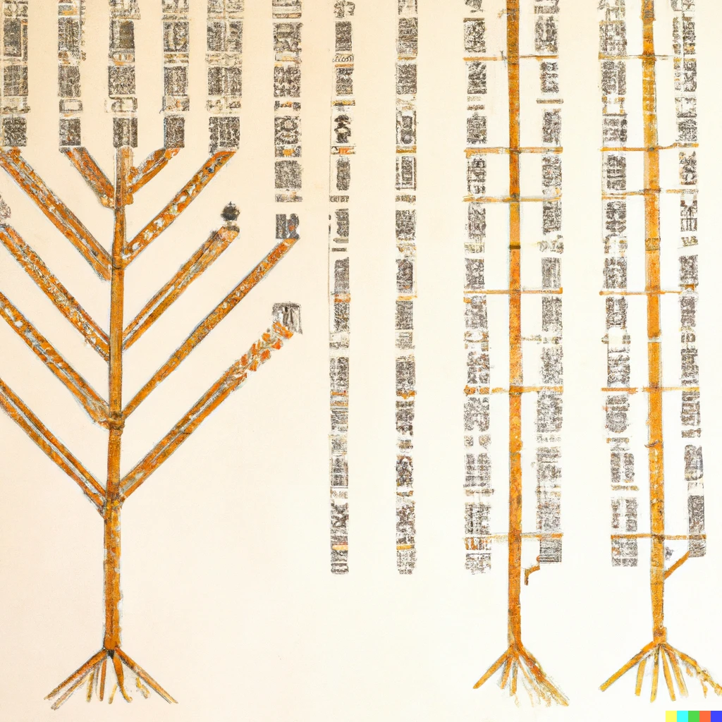 Prompt: Binary trees data structure drawn on the Rhind papyrus.