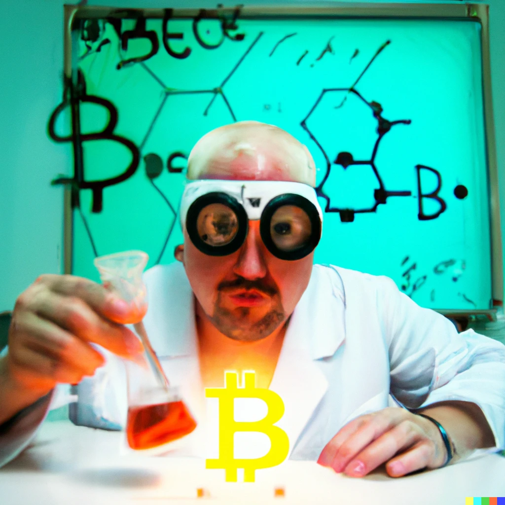 Prompt: Mad Scientist creates bitcoin in a secret lab. Add bitcoin logo. Make it modern