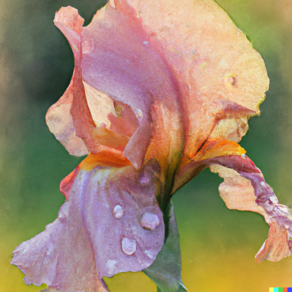 Prompt: morning sunlight on peach-colored iris with a pink stamen and ruffed purple petals, a single large dew drop reflects the image of the sun, photorealistic watercolor 
