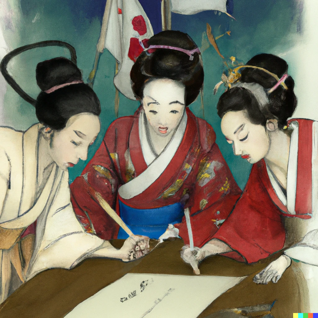 Prompt: The founding geishas signing the declaration of independence 