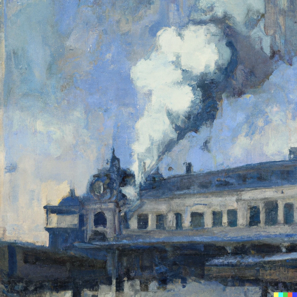 Prompt: Gare de Lyon, 1896, clear ultramarine sky, zinc white steam, by Claude Monet
