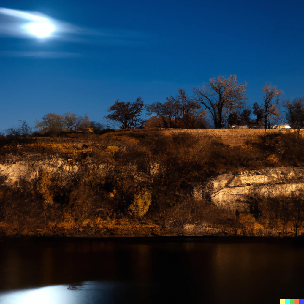 Prompt: A bluff above the Mississippi River in Saint Paul MN at night under the full moon