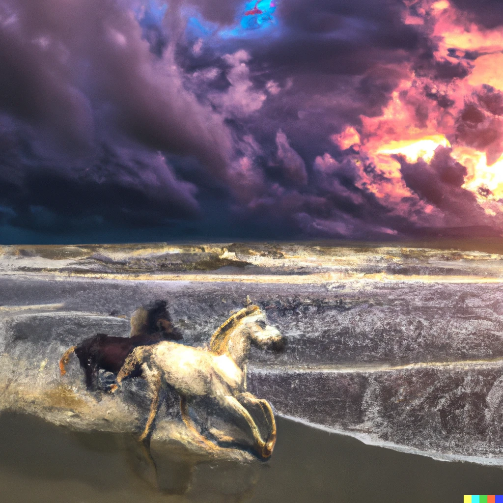 Prompt: 120° wide angle, photorealistic ground-level POV on Dixie Maru Beach. The sun setting on the horizon, fluorescent blacklight-poster like colors from sunset on a supercell storm over the ocean, 30' tall curling waves, a pair of white Arabian horses galloping in the surf at the edge of the beach in the surf