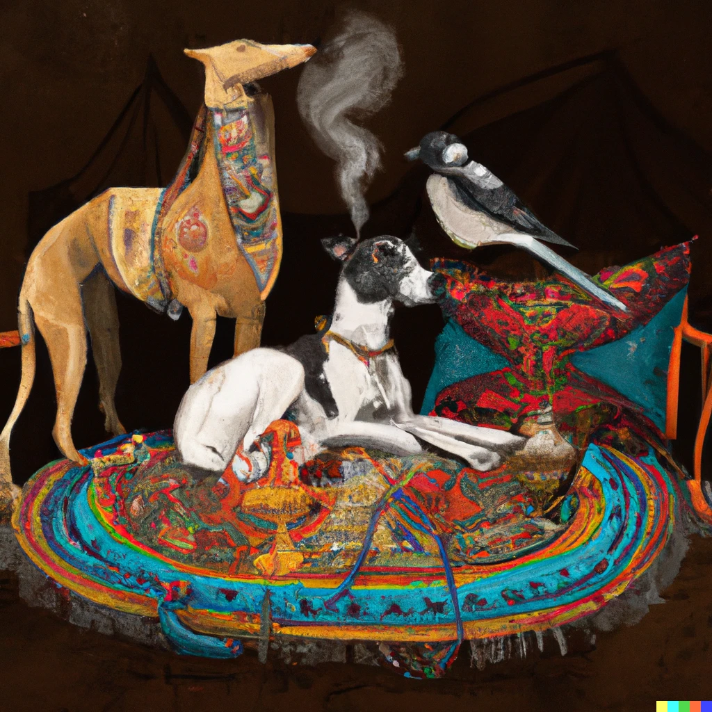 Prompt: A Greyhound and a magpie seated on ornate pillows in a Bedouin tent sharing a hookah 