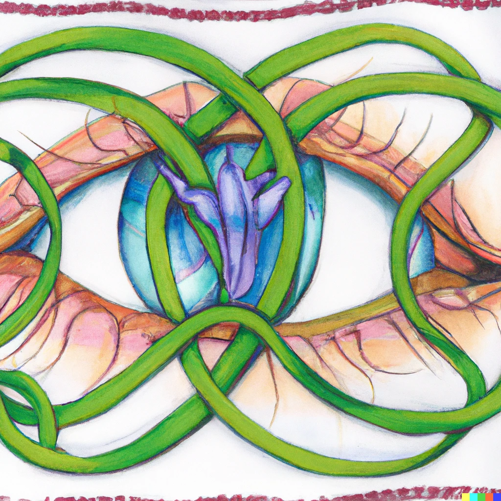 Prompt: An iris made from a Celtic knot in an eye, watercolor on silk