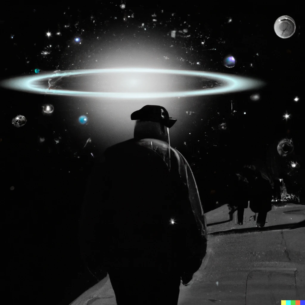 Prompt: An old man walking on a city sidewalk, a halo of planetary nebula floats around his head