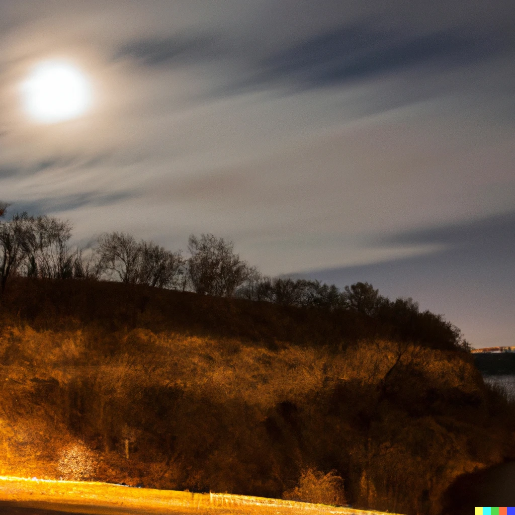 Prompt: A bluff above the Mississippi River in Saint Paul MN at night under the full moon