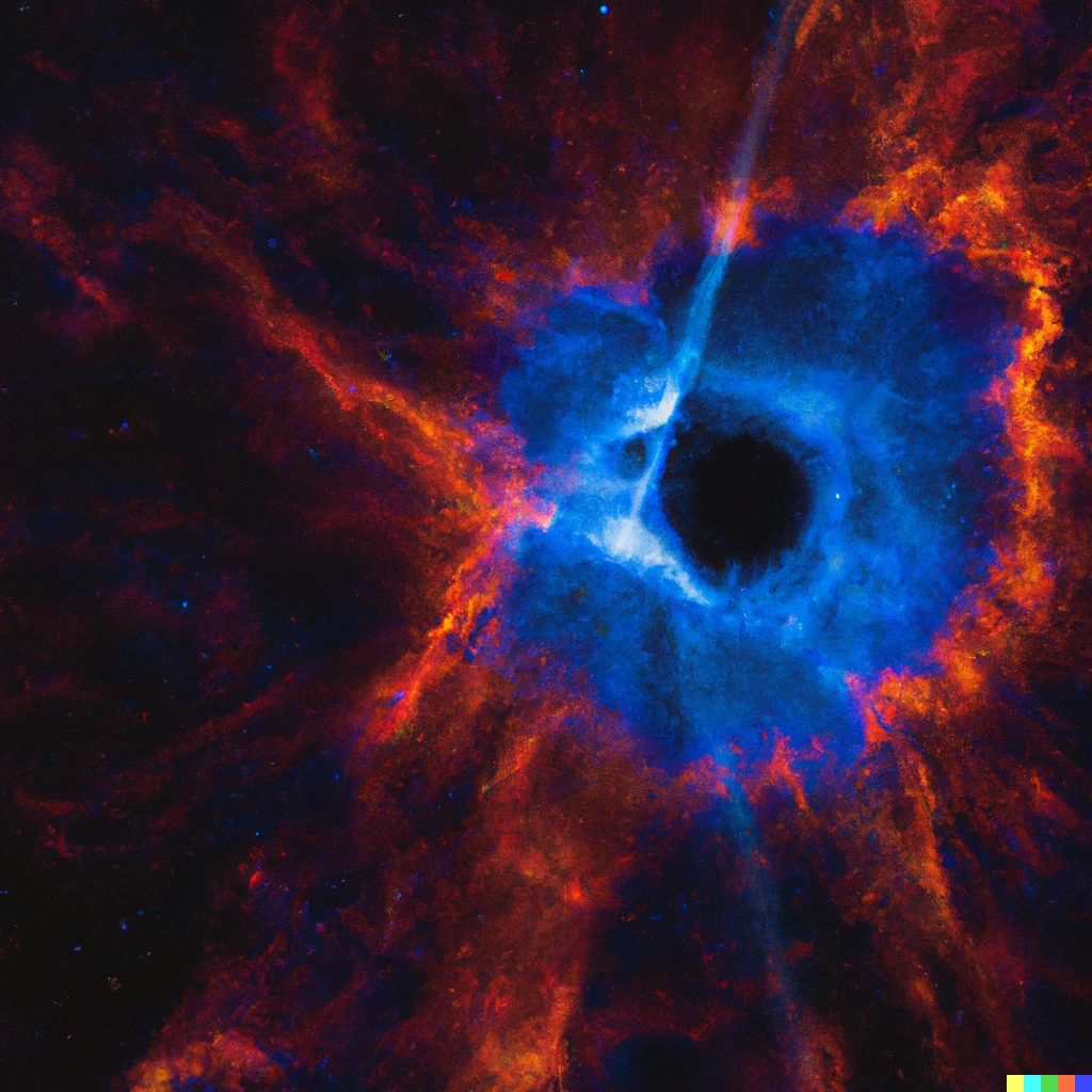 Prompt: Brilliant supernova with streaks of crimson, vermilion, and lapis lazuli inside a supermassive black hole closeup image from the James Webb Telescope 