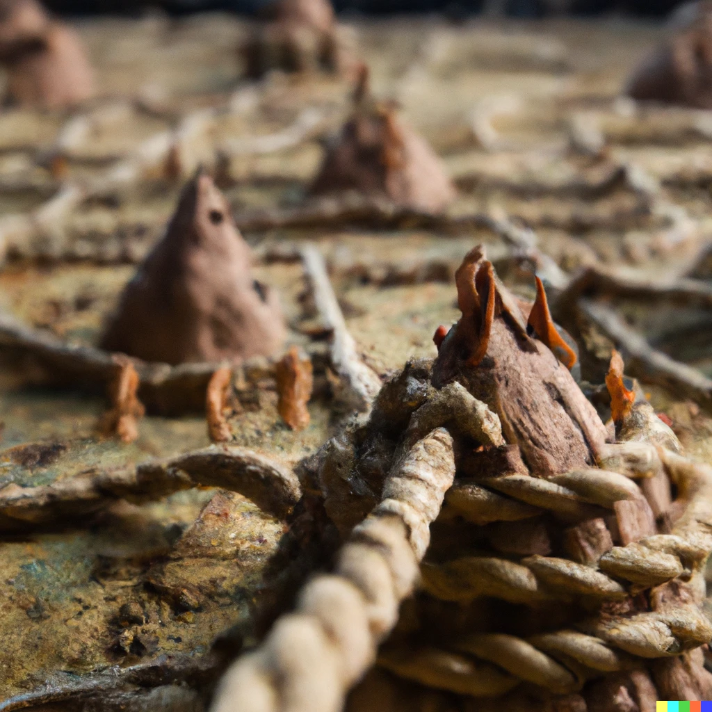 Prompt: a city made out of clay and ropes, wide angle shot, detailed