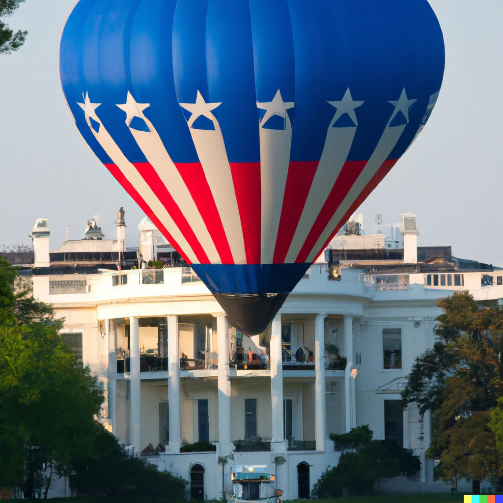 Prompt: A photo of a presidential hot air balloon landing in front of the White House.